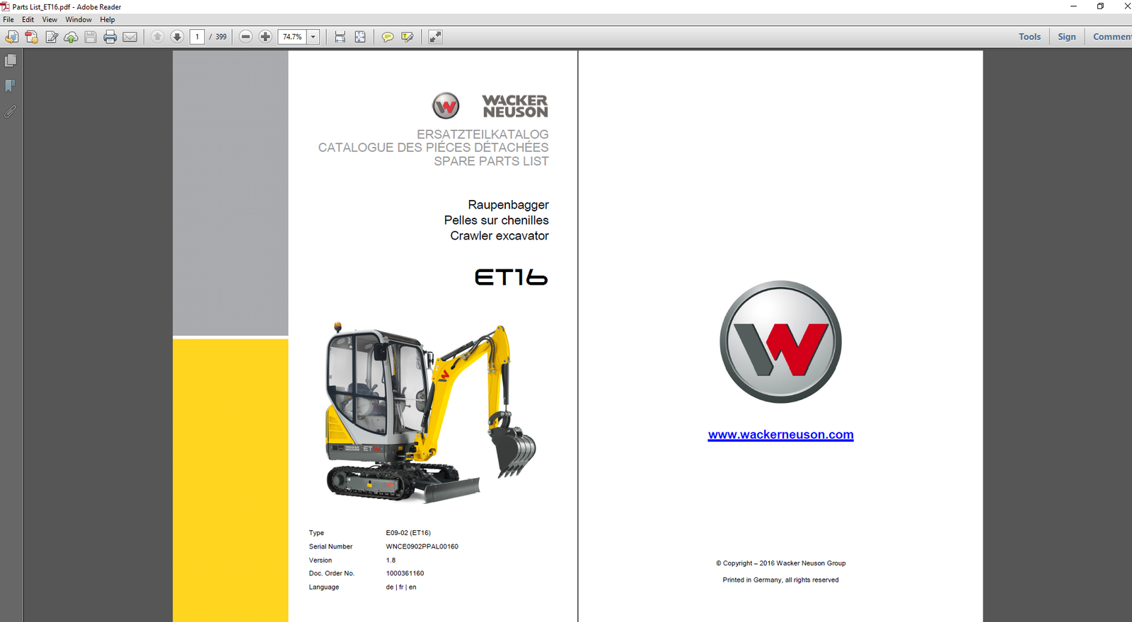 Wacker Neuson ET16 Excavator Parts Manual cover featuring the model name and technical illustrations of parts