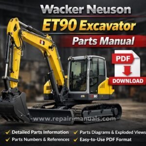 Wacker Neuson ET90 Excavator Parts Manual cover featuring an illustration of the excavator and parts list