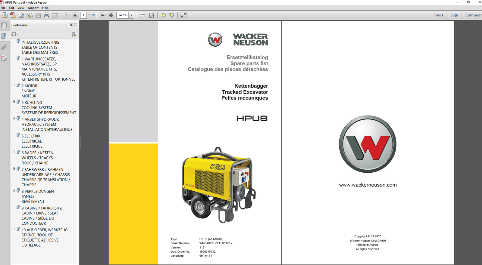 Wacker Neuson HPU8 Electro-hydraulic Power Unit Parts Manual, showcasing parts layout and specifications for maintenance