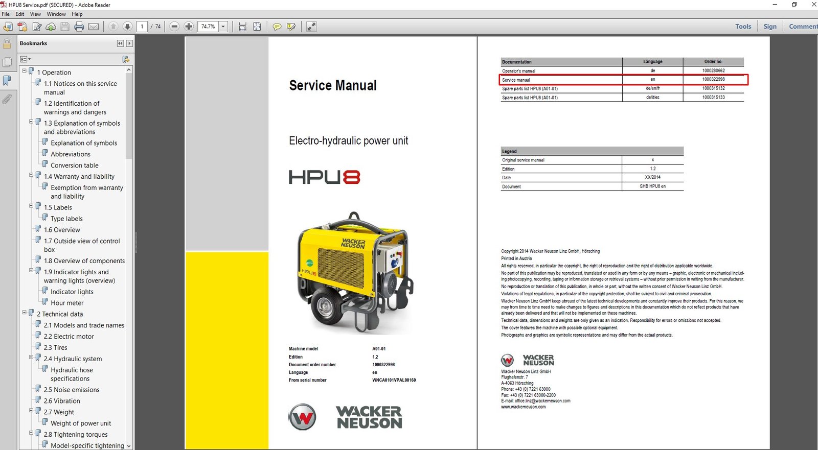 Wacker Neuson Electro-hydraulic power unit service repair manual cover featuring technical illustrations and product details