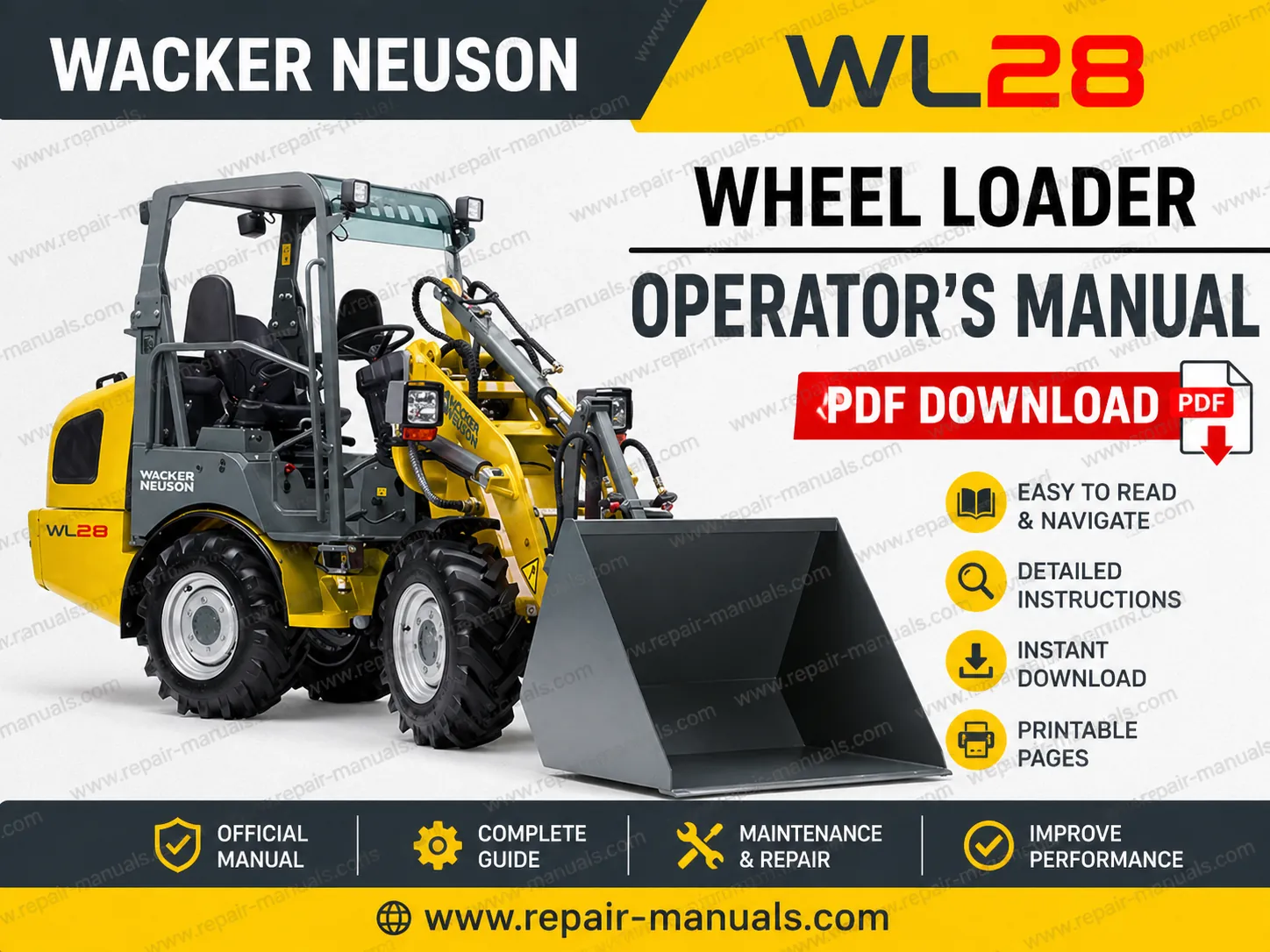 Operator's Manual for Wacker Neuson WL28 Wheel Loader, displaying the loader image and manual title prominently