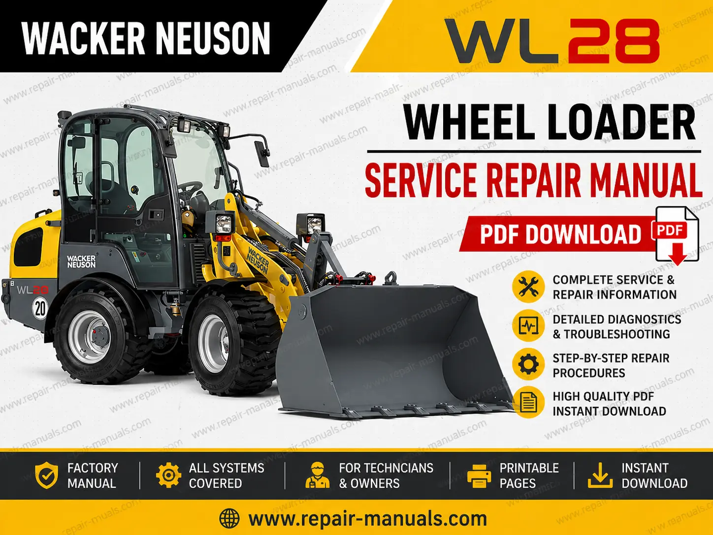 Wacker Neuson WL28 Wheel Loader Service Manual cover with detailed images and repair guidelines for maintenance