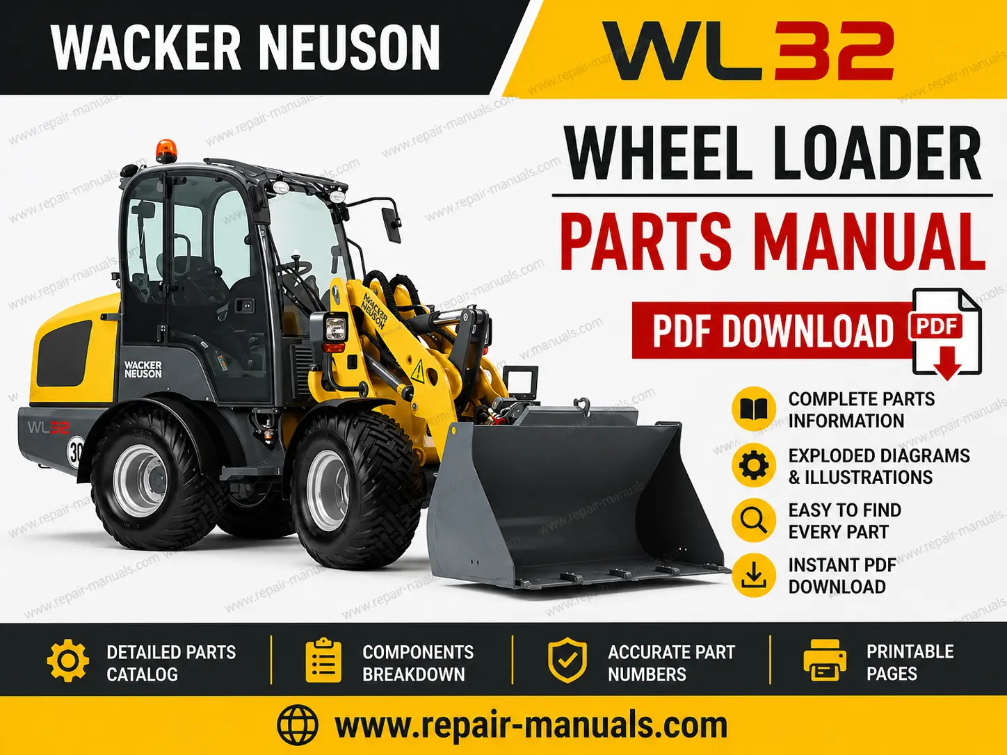 Wacker Neuson WL32 Wheel Loader Parts Manual, showcasing detailed illustrations and specifications for loader components