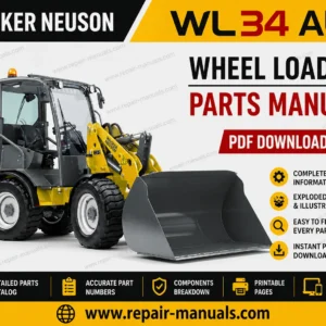 Wacker Neuson WL34 AU Wheel Loader Parts Manual cover featuring detailed diagrams and parts listings for maintenance