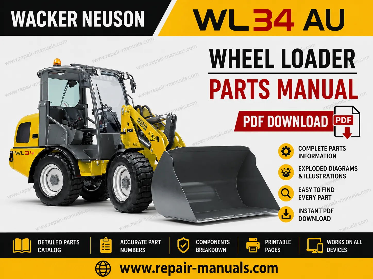 Wacker Neuson WL34 AU Wheel Loader Parts Manual cover featuring detailed diagrams and parts listings for maintenance