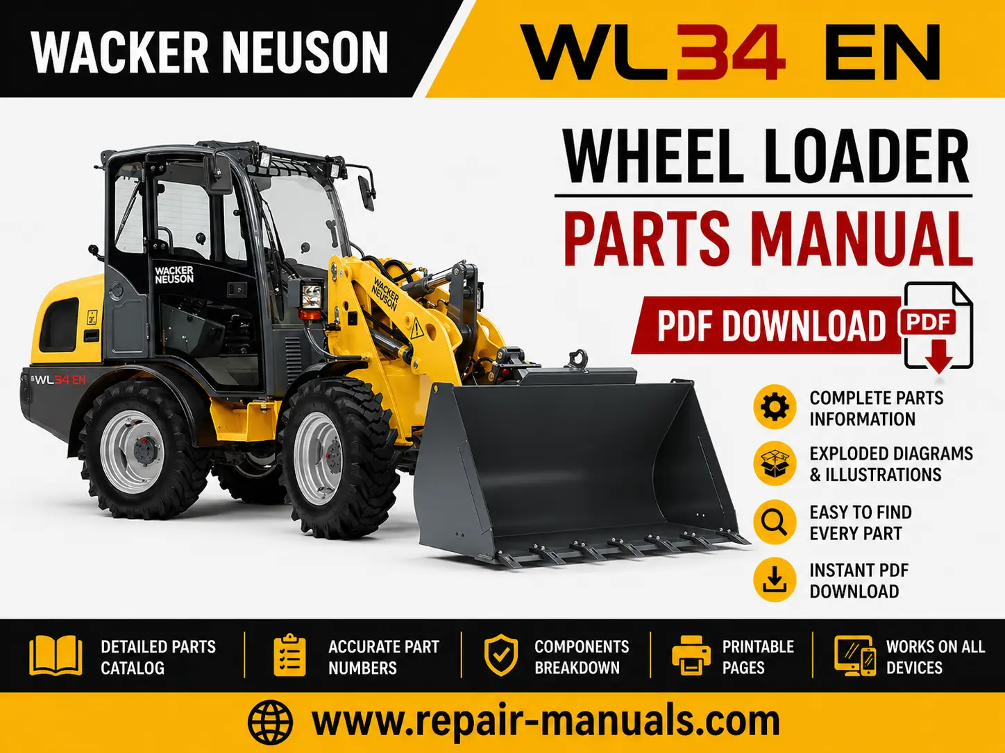Wacker Neuson WL34 Wheel Loader Parts Manual cover featuring the loader and parts diagram for reference