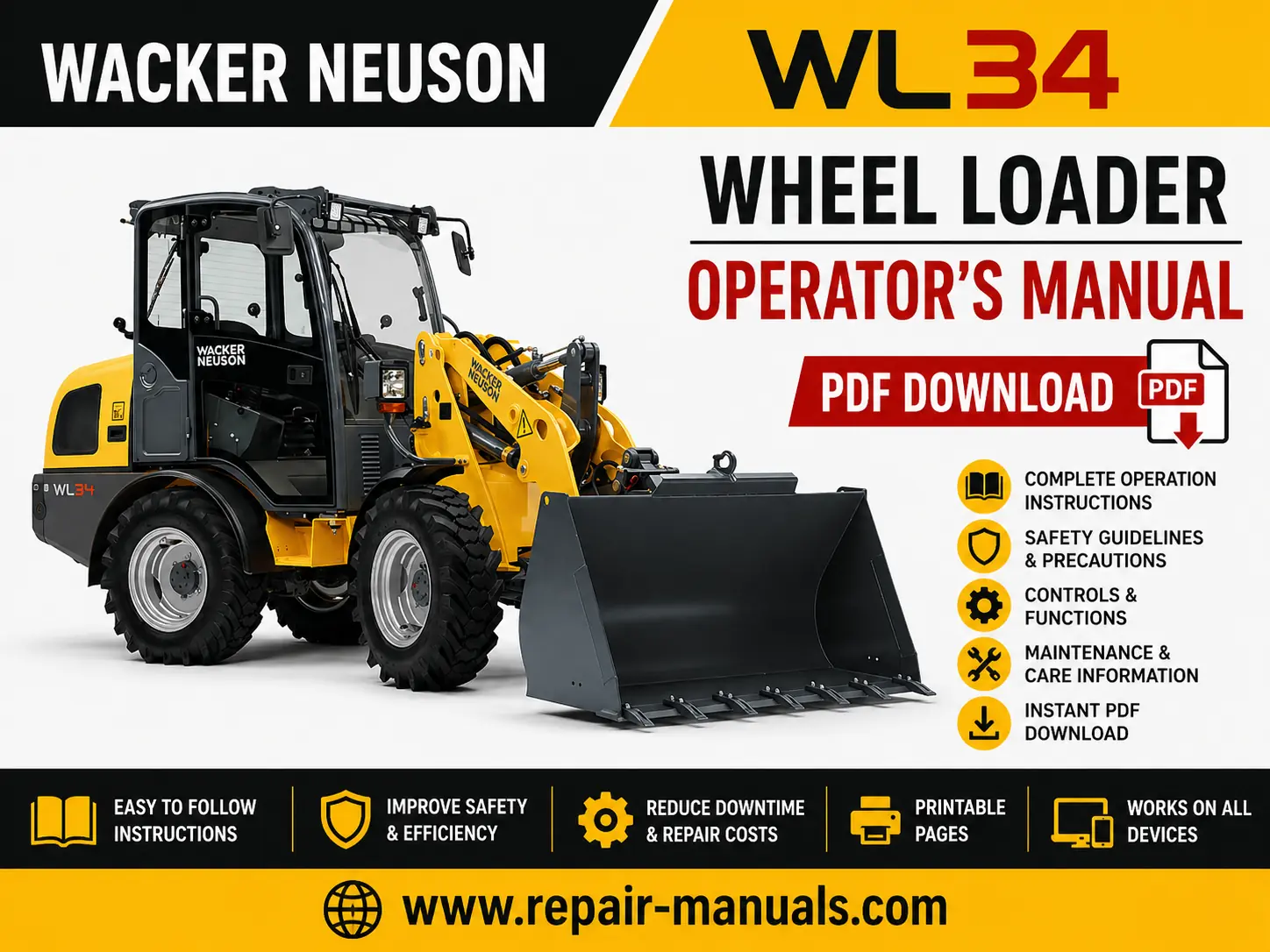 Cover of Wacker Neuson WL34 Wheel Loader Operator's Manual, showcasing the loader with the title clearly visible