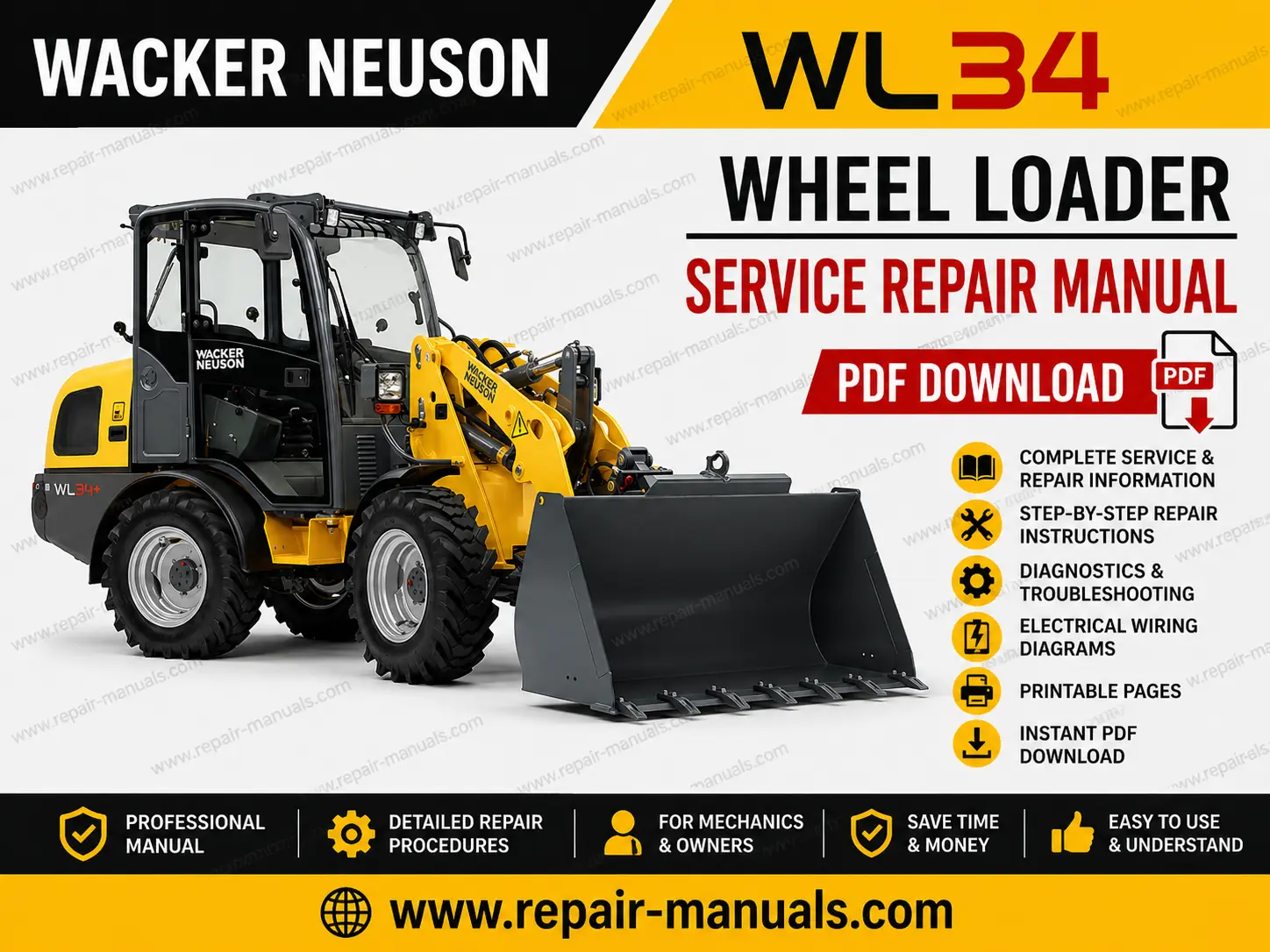 Wacker Neuson WL34 Wheel Loader Service Repair Manual cover featuring the loader and technical illustrations