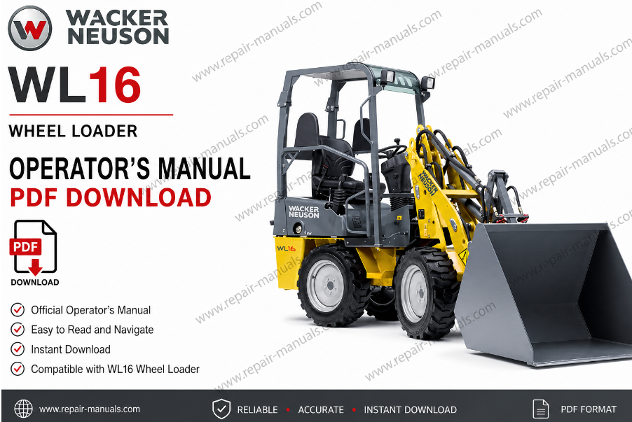 Wacker Neuson WL16 Wheel Loader manual cover, illustrating the loader and essential operating procedures
