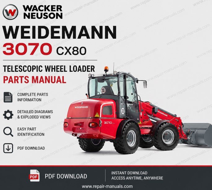 Parts manual for Wacker Neuson Weidemann 3070 CX80 telescopic wheel loader, detailing components and assembly instructions