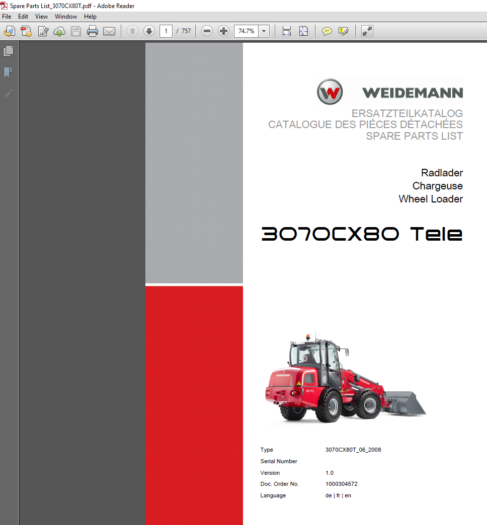 Wacker Neuson Weidemann 3070 CX80 telescopic wheel loader parts manual, providing essential information on parts and maintenance