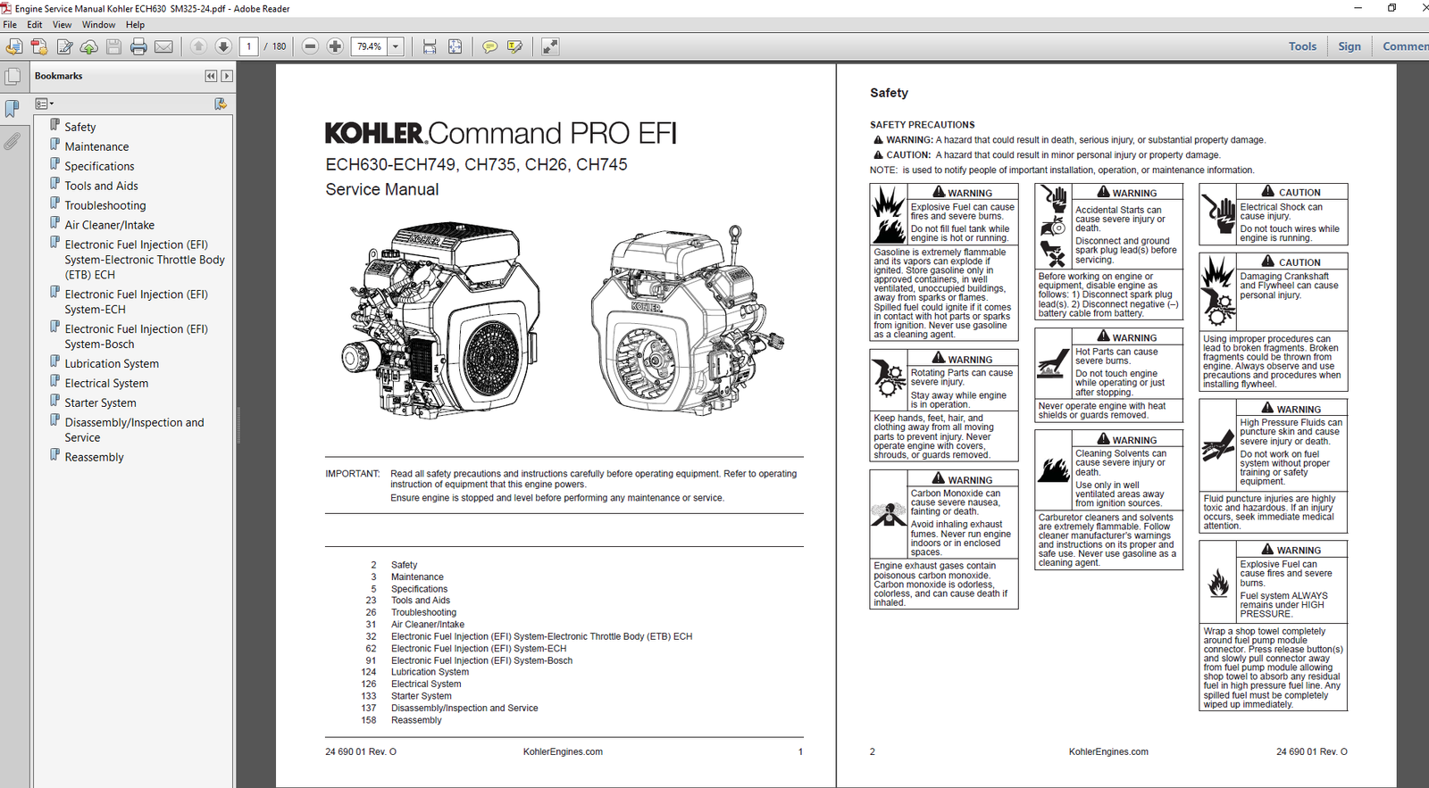 Kohler CH745 Engine Service Repair Manual, displaying a comprehensive guide with illustrations for engine maintenance and repair