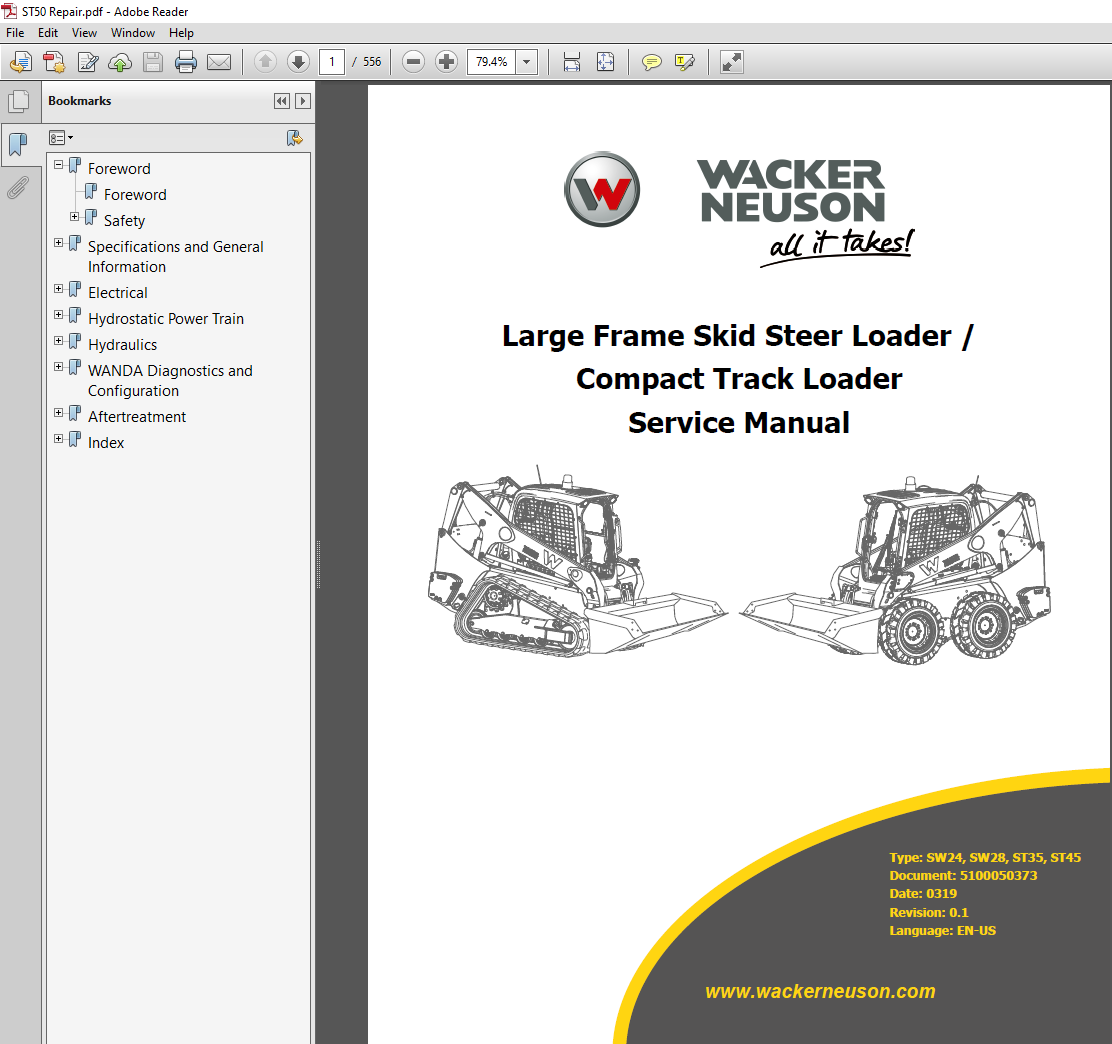 Wacker Neuson ST50 Skid Steer Service Repair Manual, showcasing the title and essential repair instructions