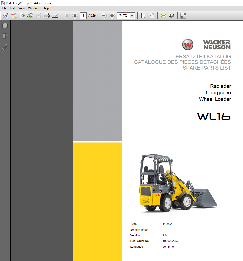 Wacker Neuson WL16 Wheel Loader Parts Manual cover featuring the loader and parts diagram for reference