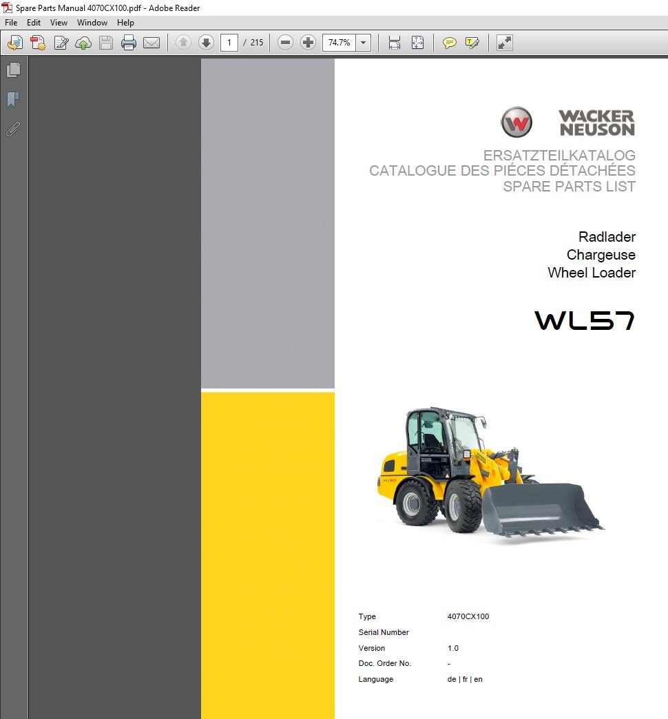 Wacker Neuson WL57 Wheel Loader Parts Manual, showcasing detailed parts diagrams and specifications for the loader