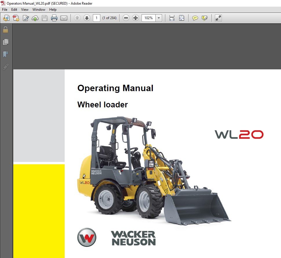Operator's Manual for Wacker Neuson WL20 Wheel Loader, displaying the loader and key operational guidelines