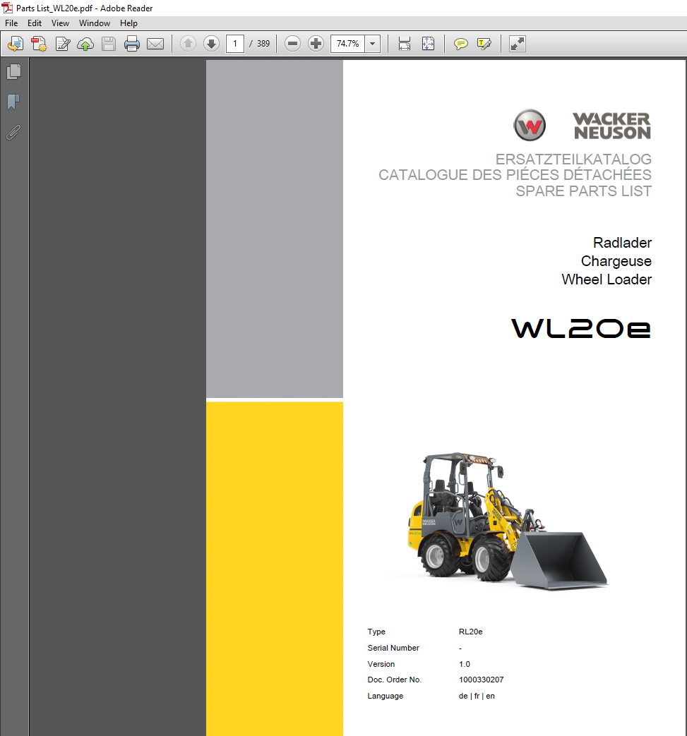 Parts manual for Wacker Neuson WL20e Wheel Loader, showcasing diagrams and components for maintenance and repair