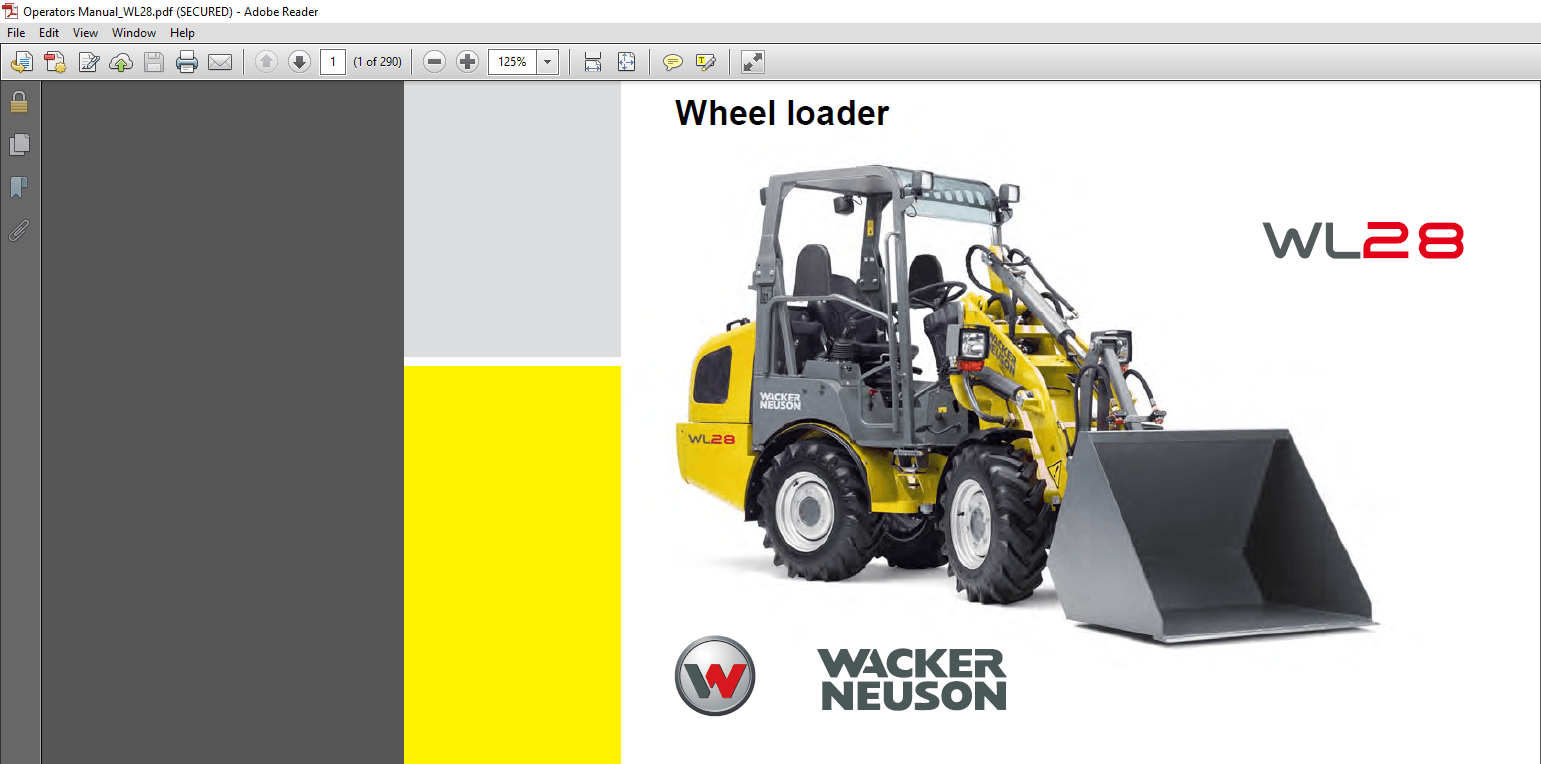 Cover of Wacker Neuson WL28 Wheel Loader Operator's Manual, showcasing the loader with clear title and design elements