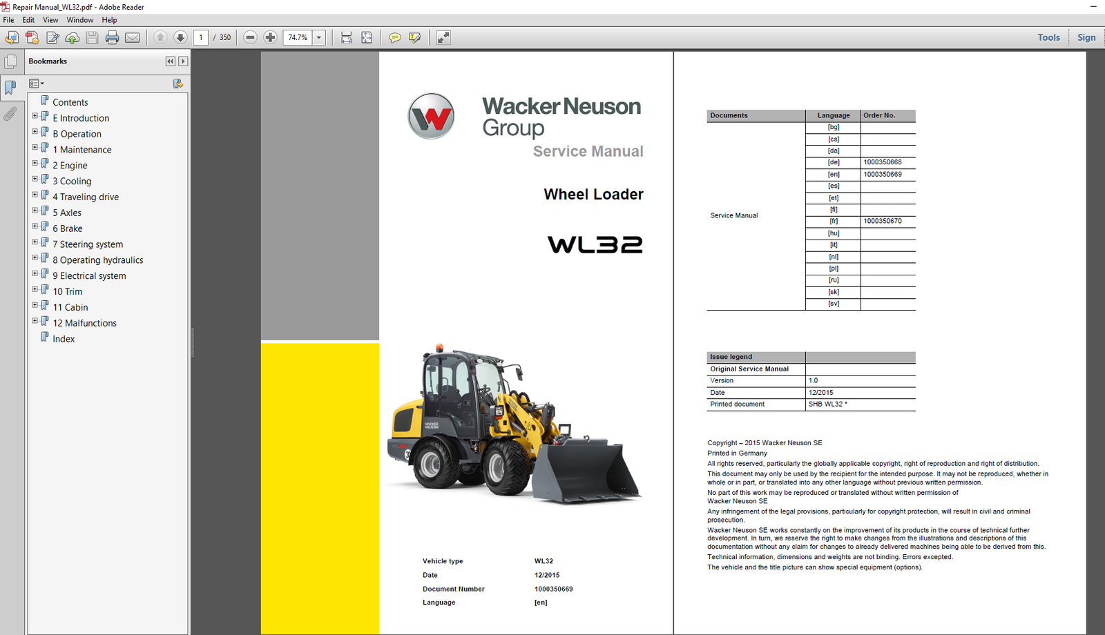 Service Repair Manual for Wacker Neuson WL32 Wheel Loader, showcasing detailed diagrams and maintenance instructions