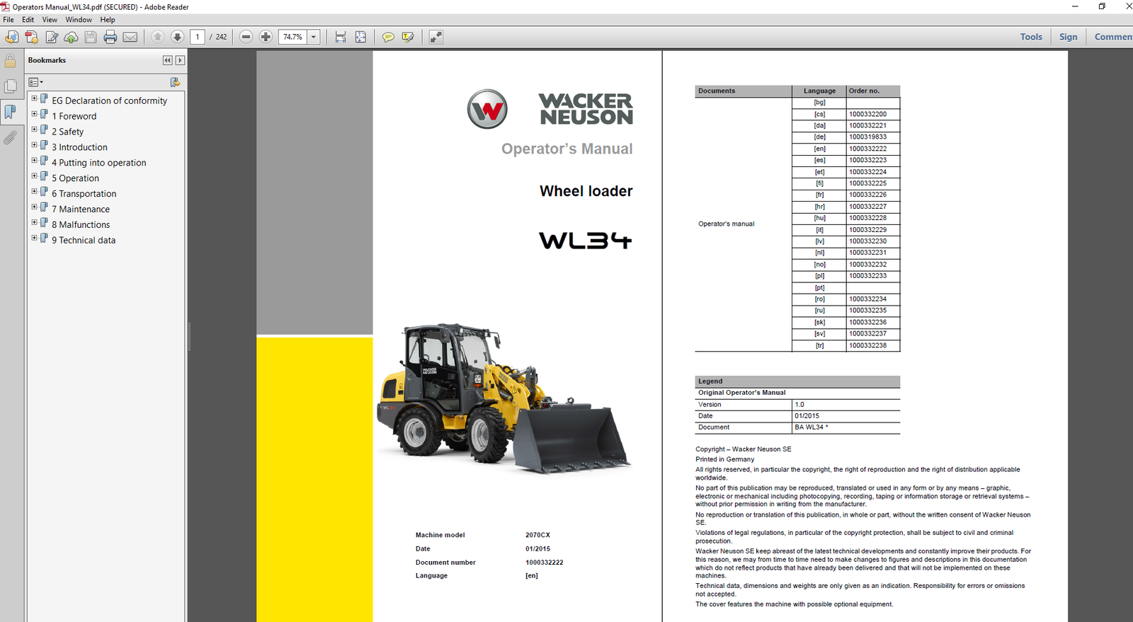 Operator's Manual for Wacker Neuson WL34 Wheel Loader, displaying the loader image and title prominently