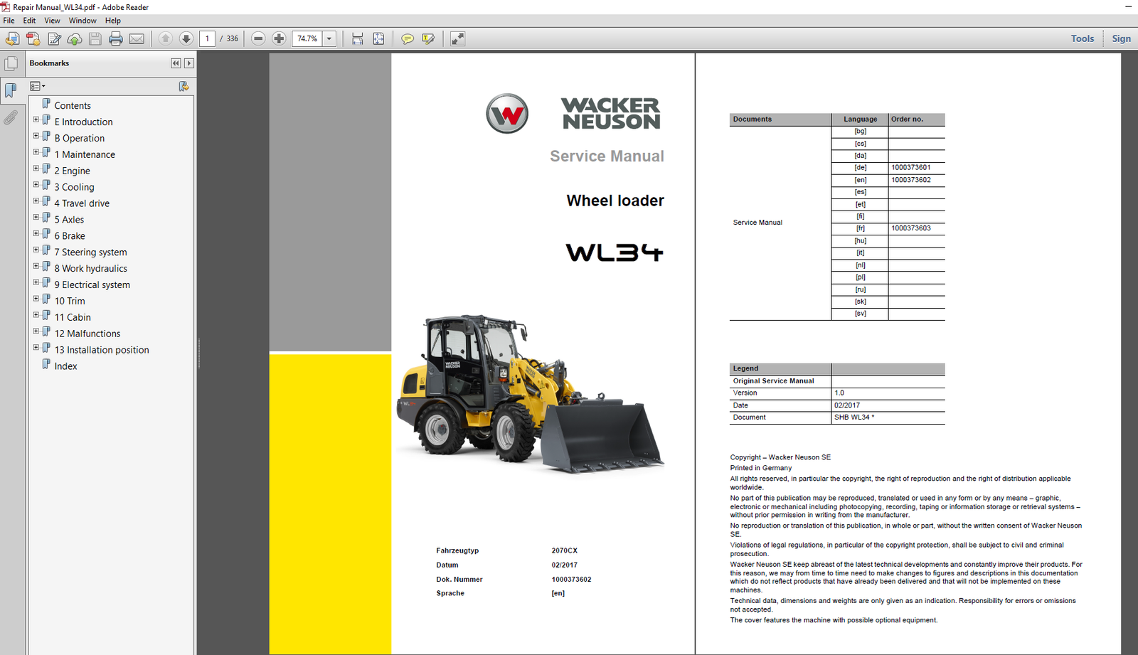 Service Repair Manual for Wacker Neuson WL34 Wheel Loader, showcasing diagrams and maintenance instructions