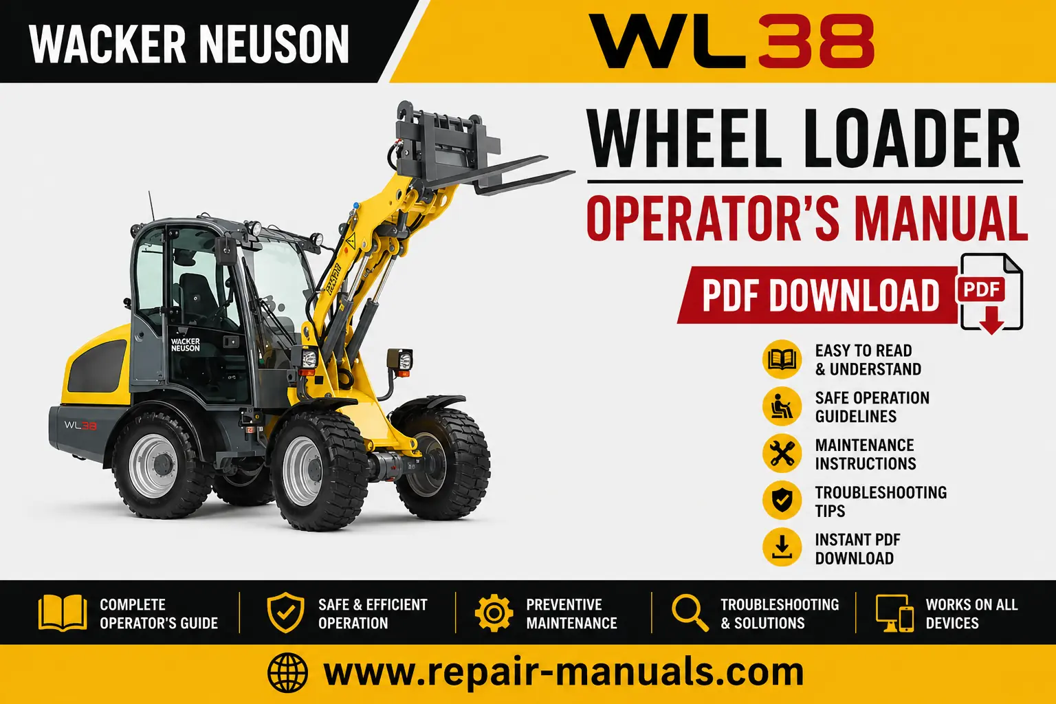 Cover of Wacker Neuson WL38 Wheel Loader Operator's Manual, showcasing the loader with the title clearly visible