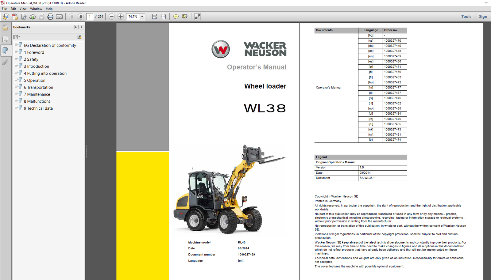 Operator's Manual for Wacker Neuson WL38 Wheel Loader, displaying the loader image and manual title prominently