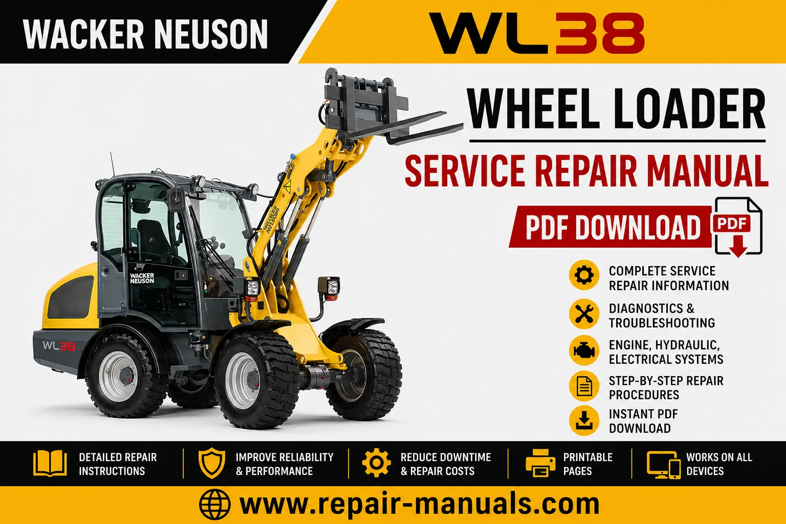 Wacker Neuson WL38 Wheel Loader Service Repair Manual cover featuring the loader and technical illustrations