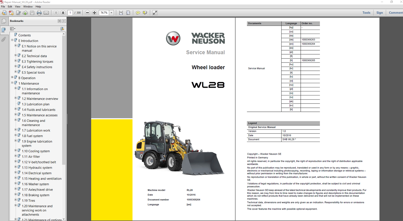 Service Repair Manual for Wacker Neuson WL28 Wheel Loader, showcasing diagrams and maintenance instructions