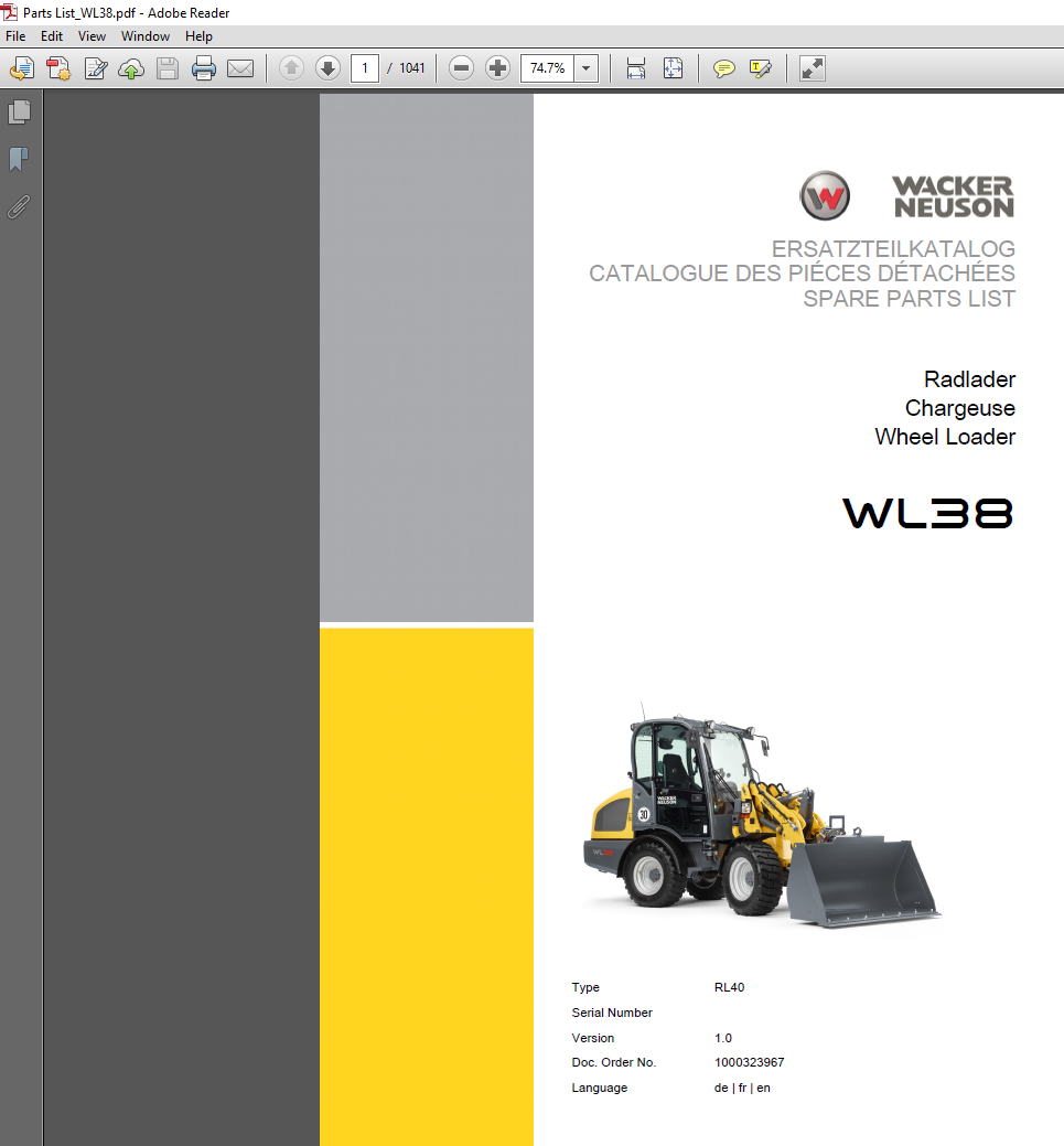 Wacker Neuson WL38 Wheel Loader Parts Manual, illustrating parts and components for proper maintenance and operation