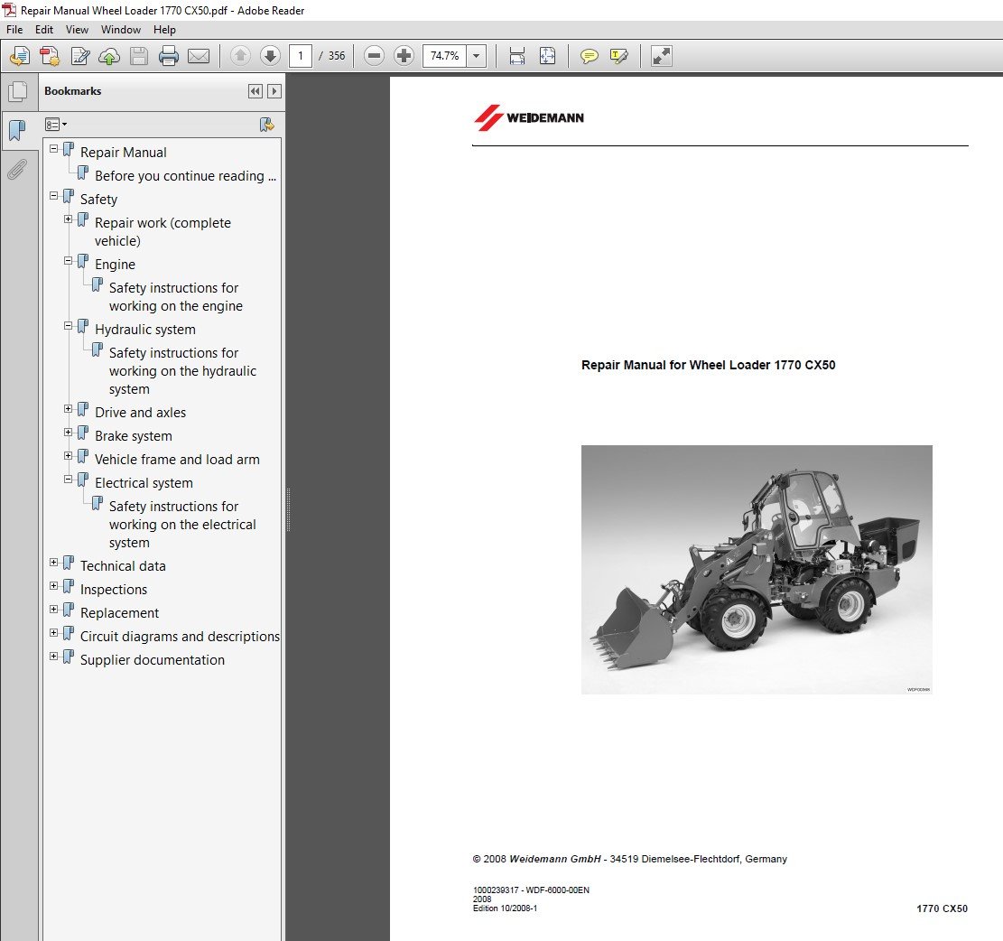 Wacker Neuson Weidemann 1770 CX50 Wheel Loader service repair manual cover featuring the loader and technical details
