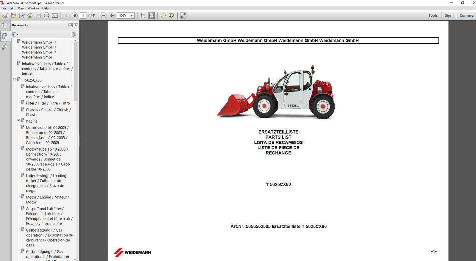 Weidemann T 5625 CX80 Wheel Loader parts manual, providing essential information on parts and maintenance