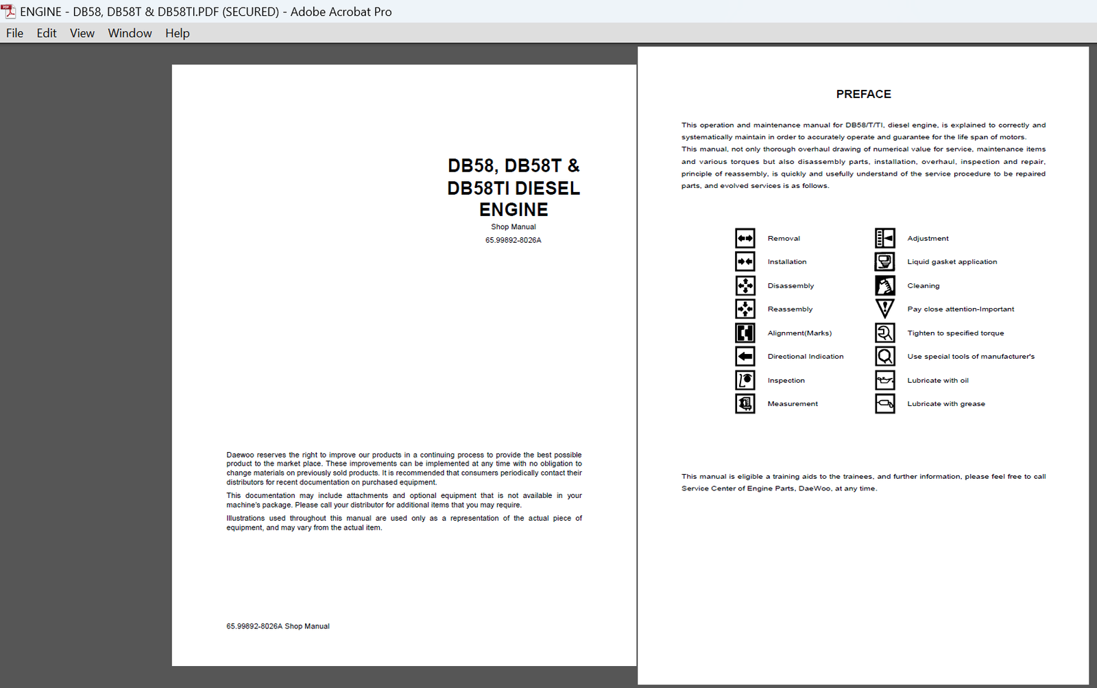 Daewoo DB58T diesel engine workshop repair manual PDF download cover image