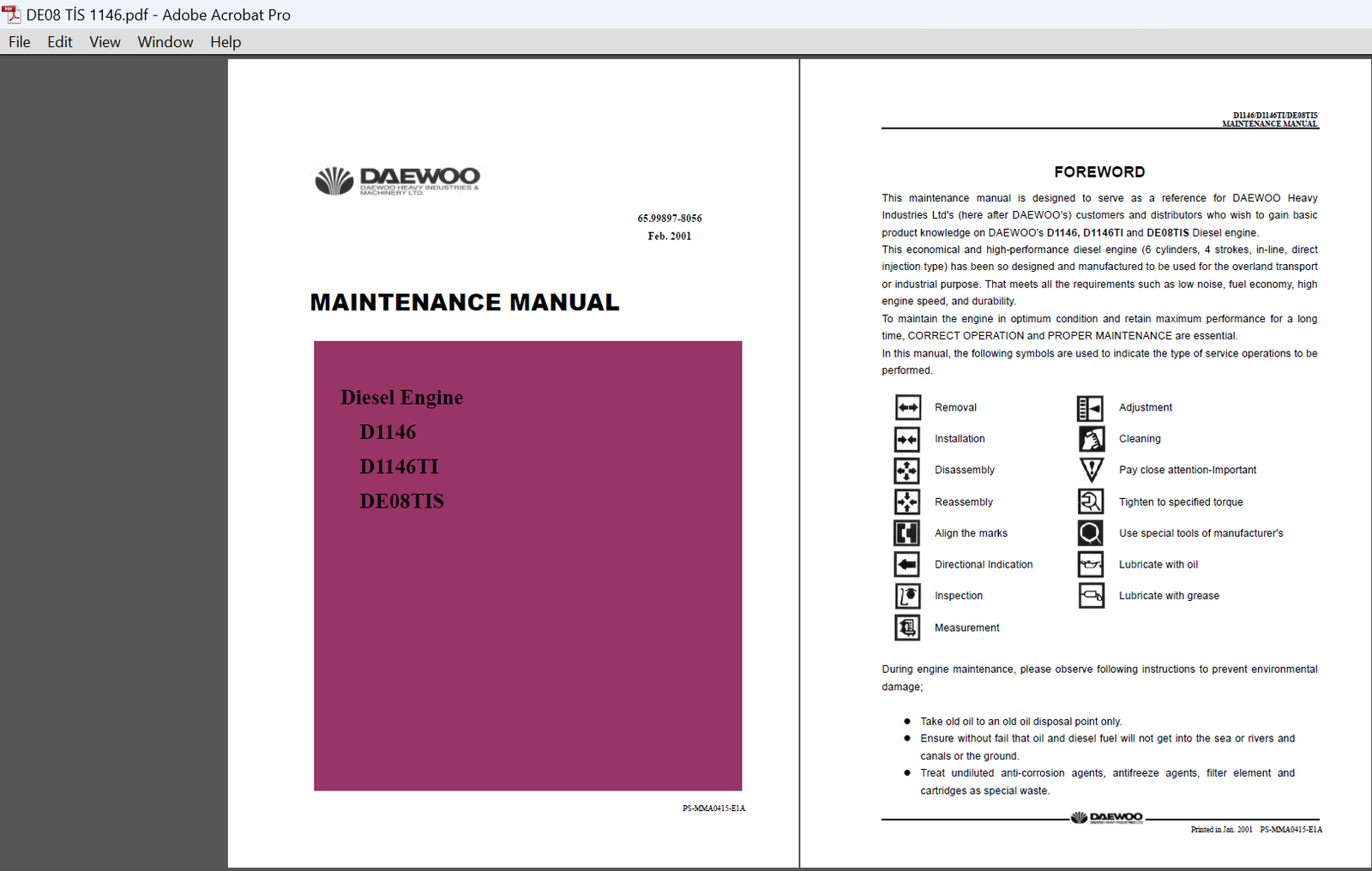 Daewoo D1146, D1146TI, DE08TIS Diesel Engine Operation and Maintenance Manual - Image 2