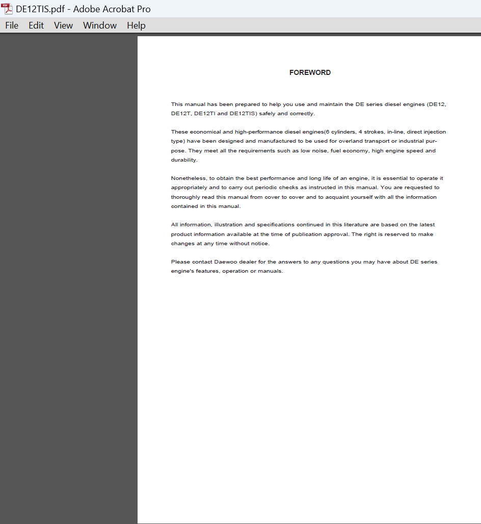 Daewoo DE12,DE12T, DE12TI and DE12TIS Diesel Engines Operation and Maintenance Manual - Image 2