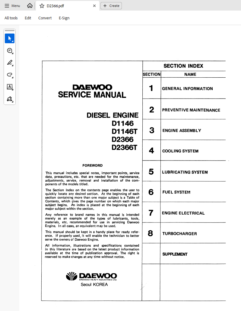 Doosan D1146 Engine Service Repair Manual PDF download cover image with factory repair and maintenance guide for diesel engines