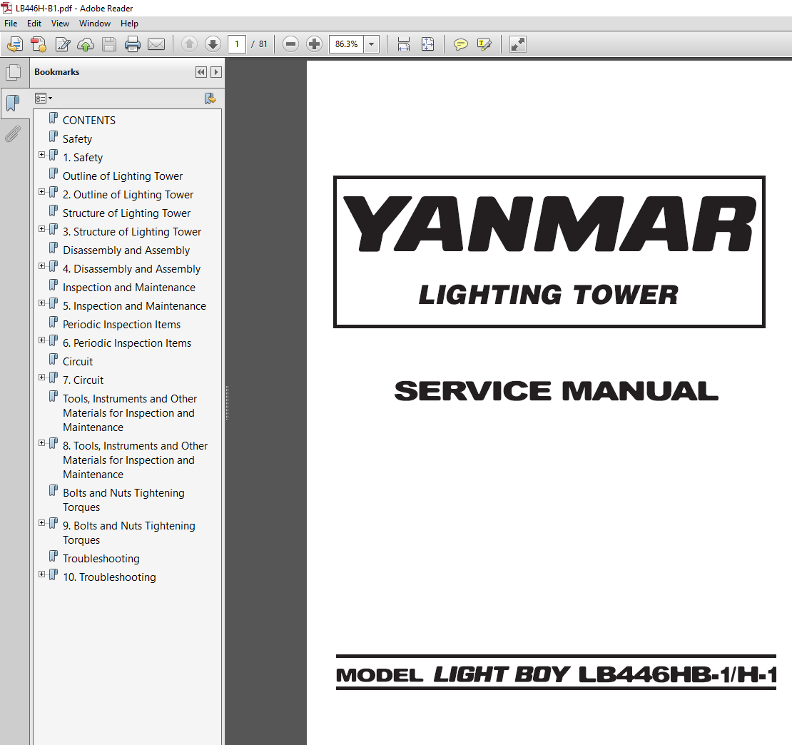 Service repair manual for Yanmar LB446H-1 Light Tower, showcasing diagrams and maintenance guidelines