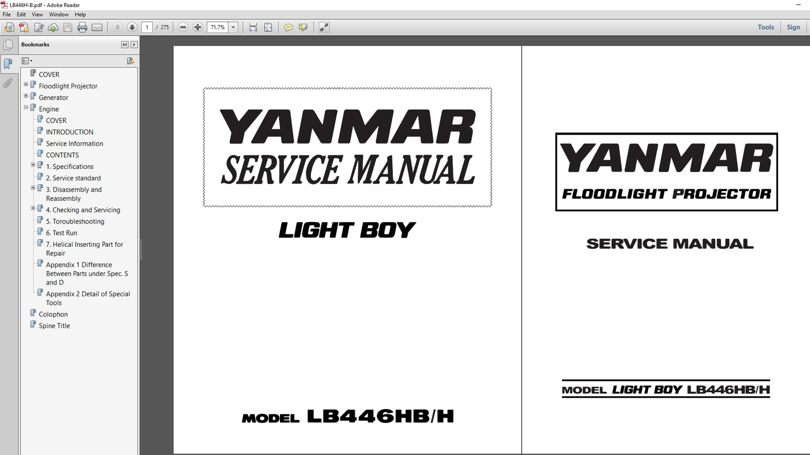 Service Repair Manual for Yanmar LB446H Foodlight Projector, showcasing diagrams and maintenance guidelines