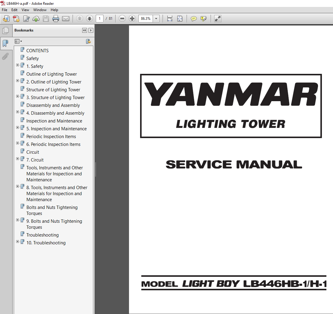 Yanmar LB446HB-1 Light Tower Service Repair Manual, showcasing diagrams and essential maintenance guidelines