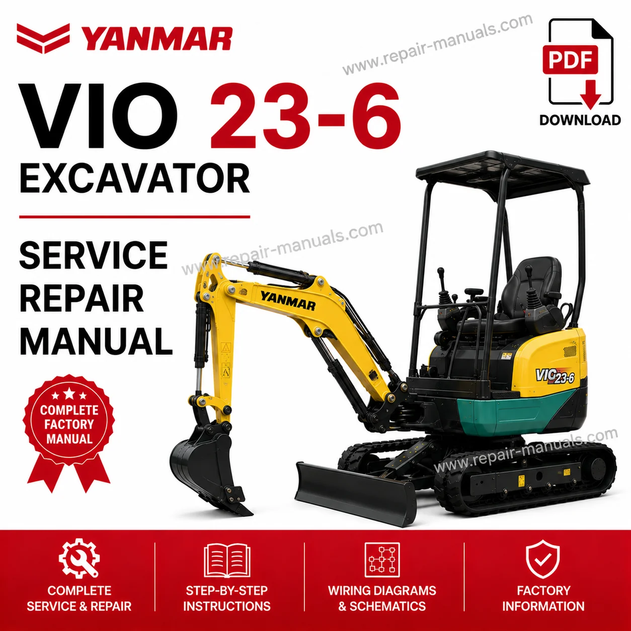 Yanmar VIO 23-6 Excavator Service Manual cover with technical graphics and essential repair information