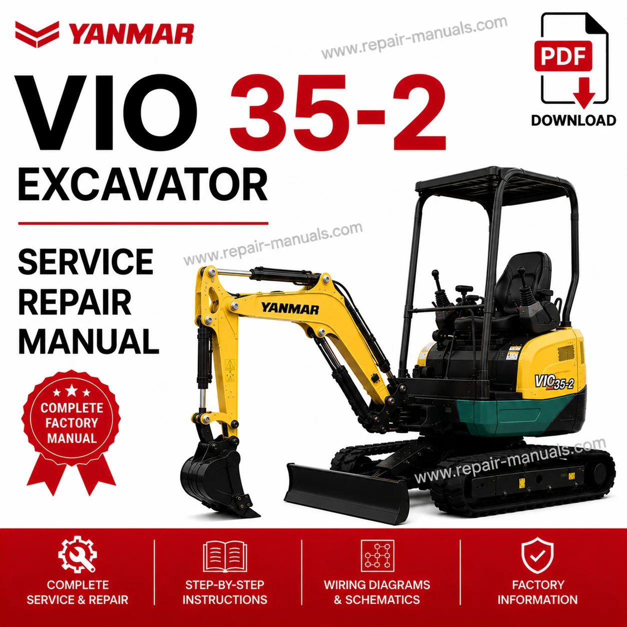 Yanmar VIO35-2 service manual cover featuring technical diagrams and maintenance instructions for the excavator