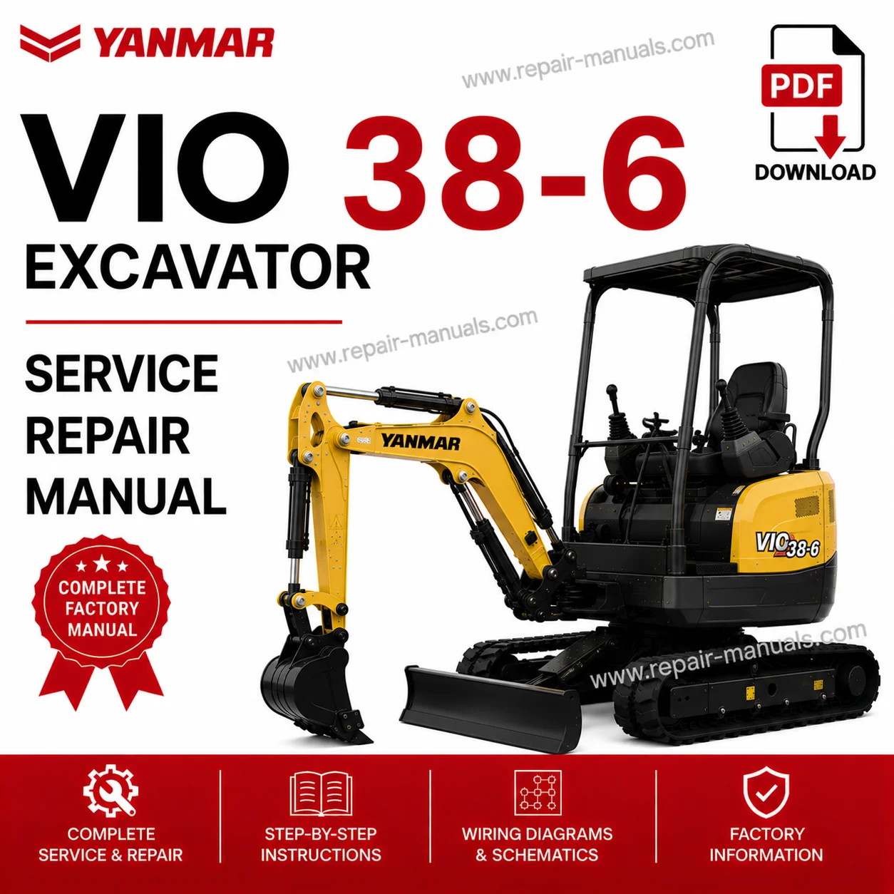 Yanmar VIO 38-6 Excavator Service Manual cover with technical graphics and essential repair information