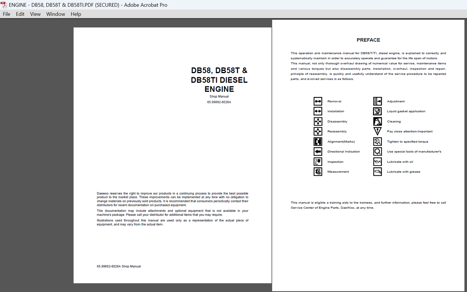 Daewoo DB58TI diesel engine workshop repair manual PDF download cover image