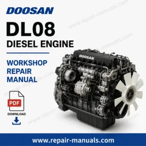 Doosan DL08 Diesel Engine Workshop Repair Manual with a prominent title and an image of the diesel engine on the cover
