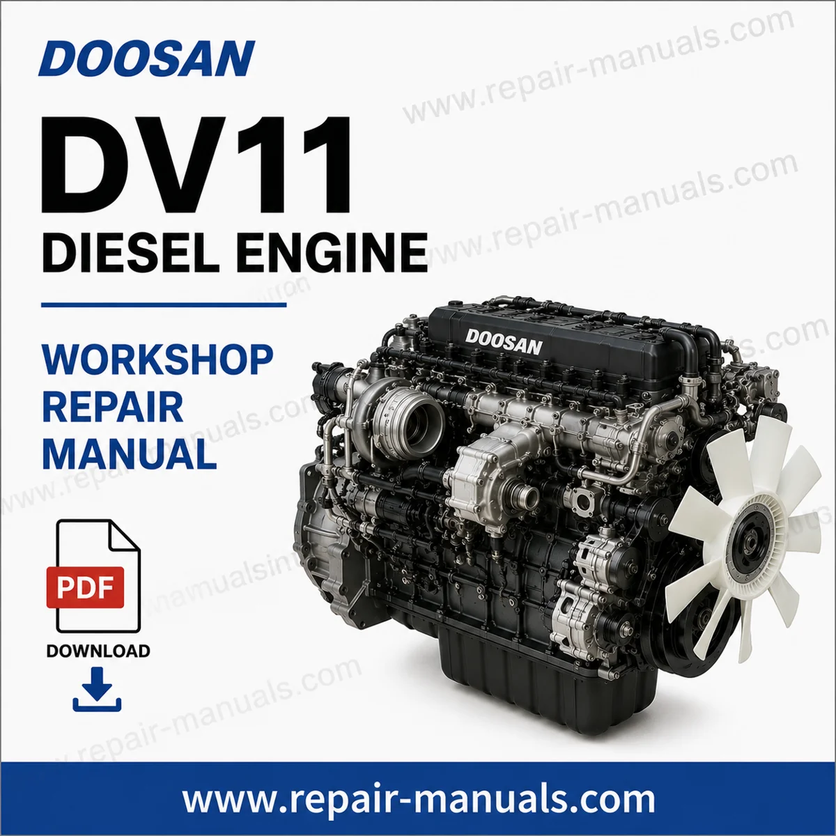 Doosan DV11 Diesel Engine Workshop Repair Manual cover featuring engine diagram and repair instructions