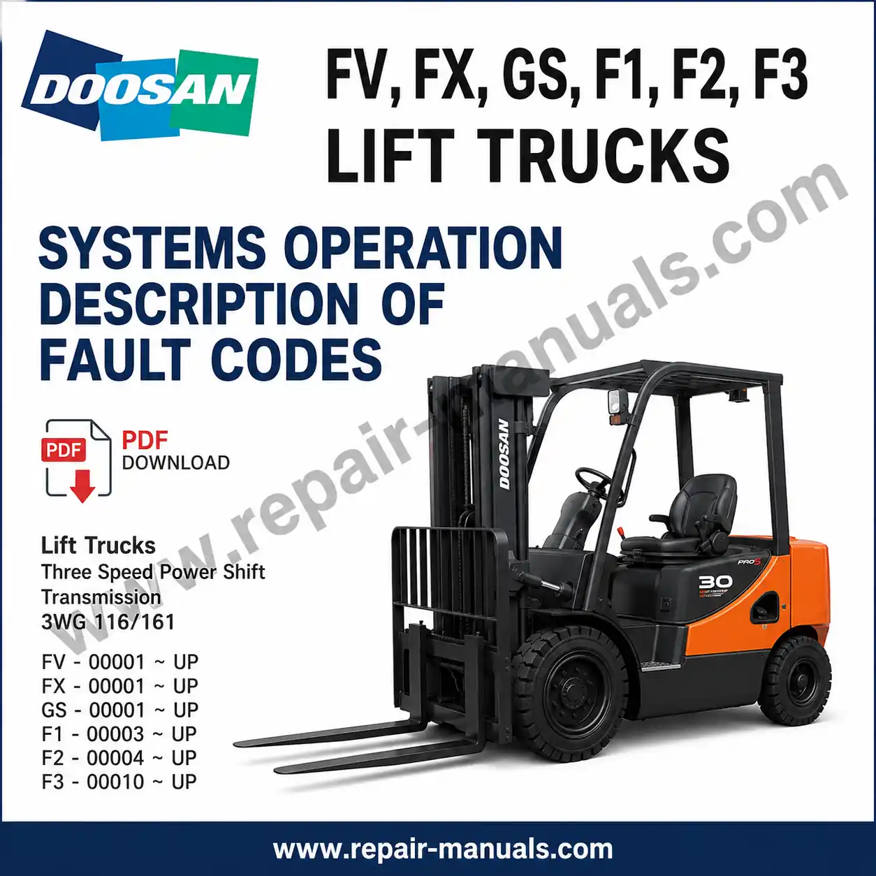 Diagram of Doosan lift truck fault codes, displaying various error messages and their corresponding troubleshooting steps