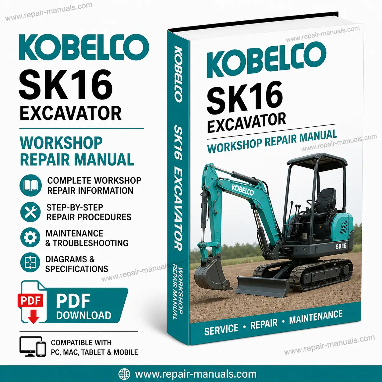 the Kobelco SK16 Excavator Workshop Repair Manual, showcasing repair instructions and technical diagrams for users