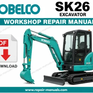 Kobelco SK26 Excavator Workshop Repair Manual, showcasing the title and technical diagrams for maintenance guidance