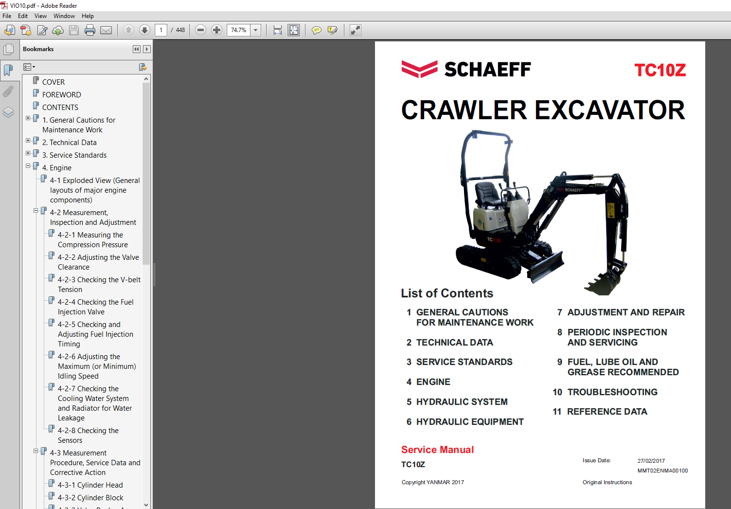 Download the Schaeff TC10Z Excavator Service Repair Manual PDF