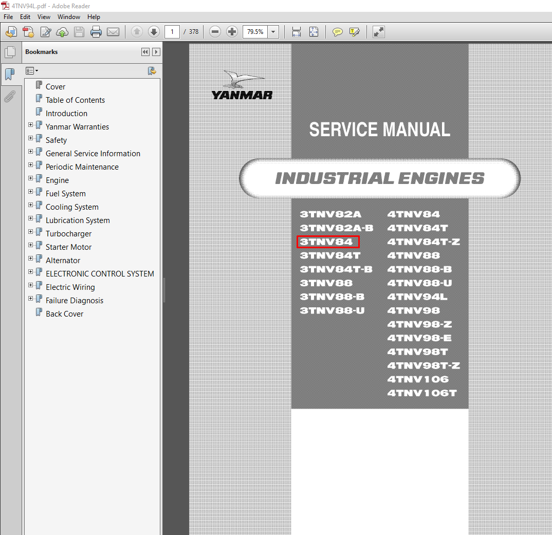 Yanmar 3TNV84 Engine Service Repair Manual cover featuring technical illustrations and detailed repair instructions